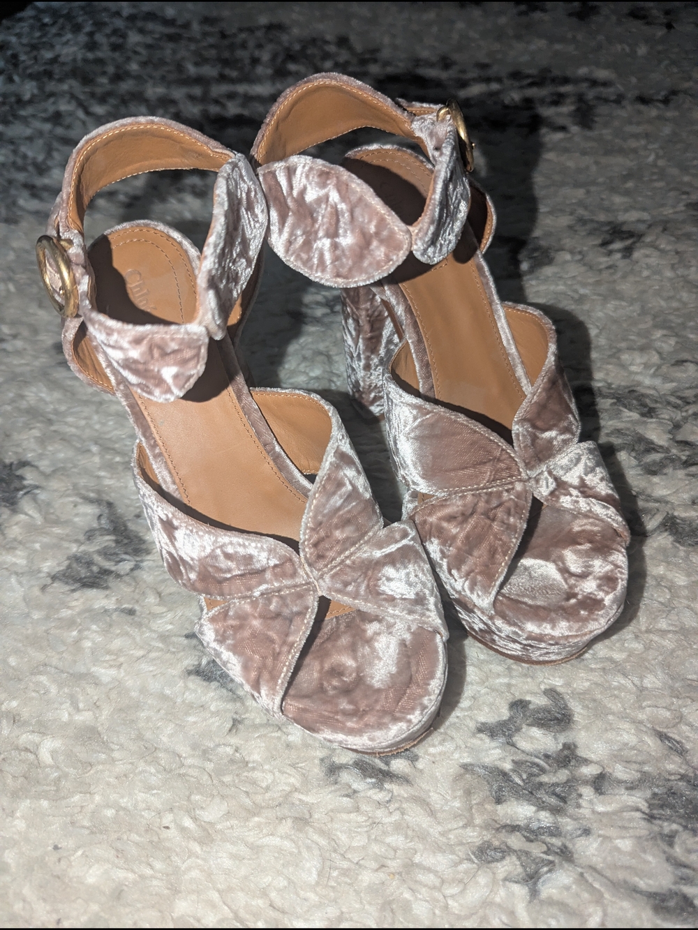 Chloe Pink Velvet Platform Ankle-Strap Heels